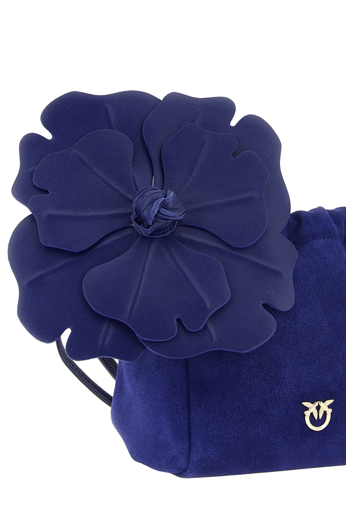 the pinko flower cobalt blue suede pouch is distinguished by a soft and unstru