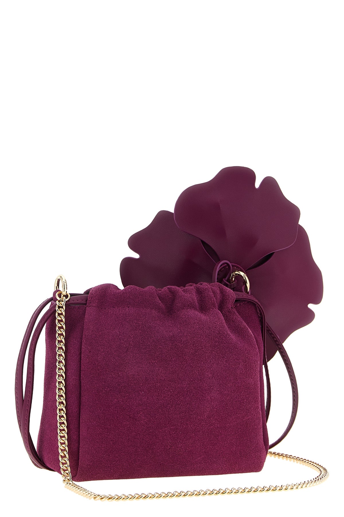 the pinko flower pouch redefines the volumes of leather goods through a soft a