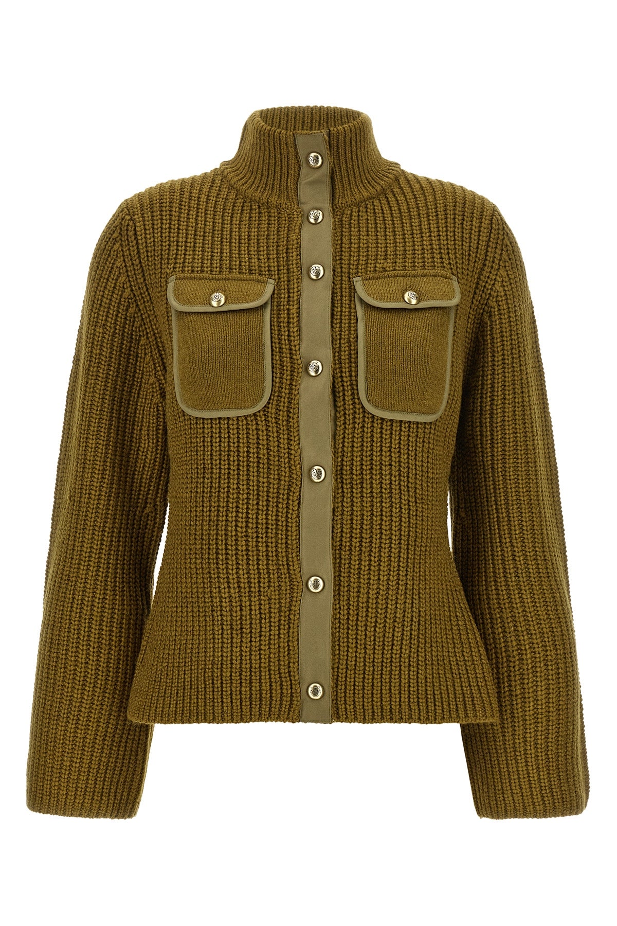 the pinko pispiglio cardigan in olive green wool blend stands out for its half