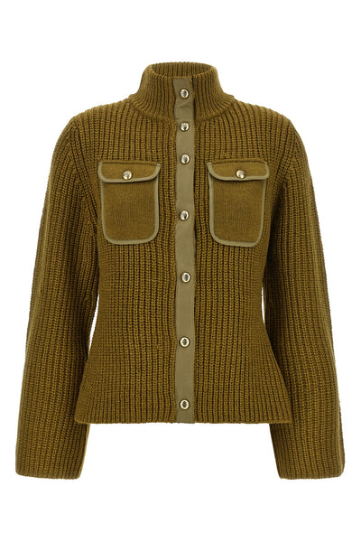 the pinko pispiglio cardigan in olive green wool blend stands out for its half
