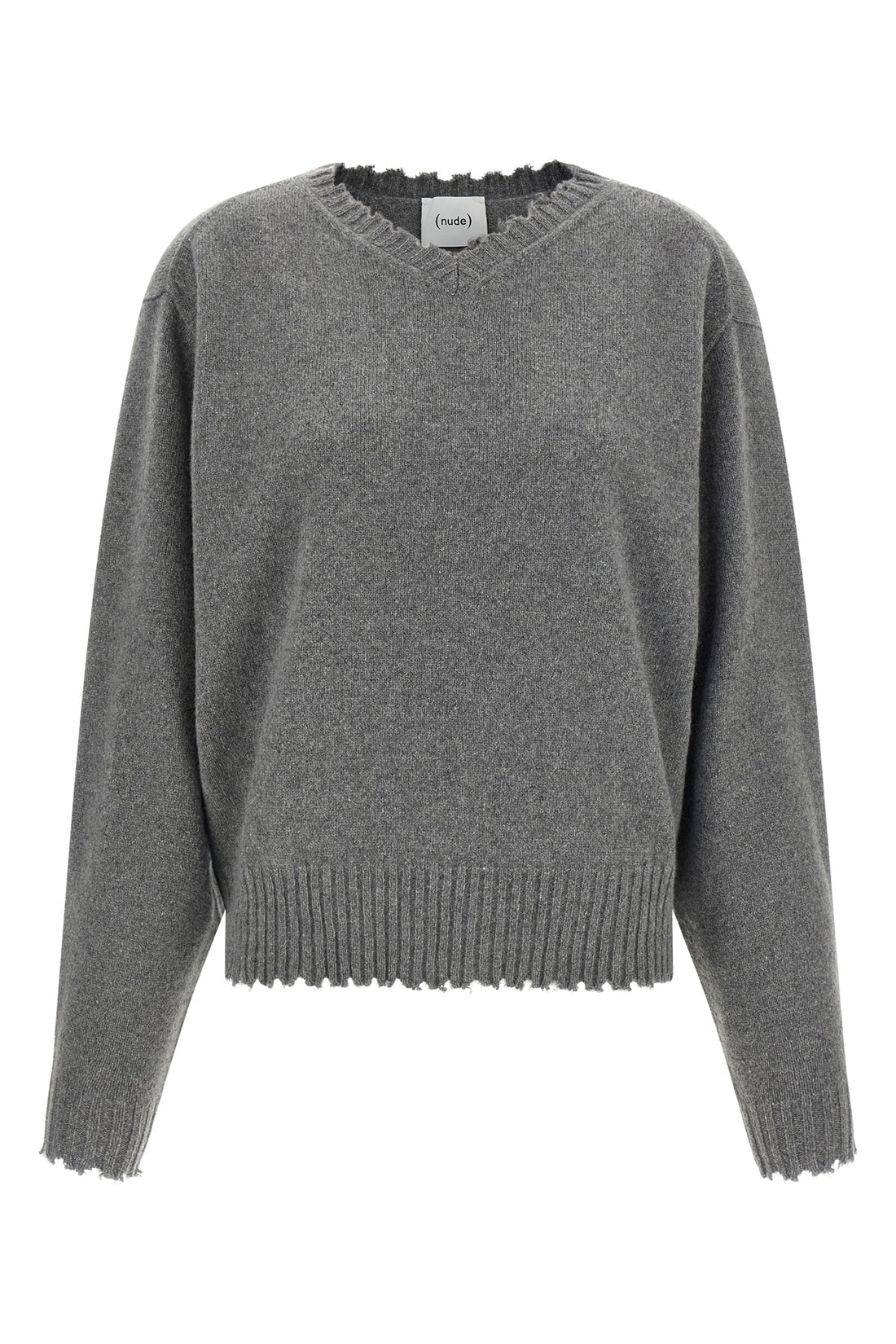 NUDE L the nude v-neck sweater redefines knitwear codes through a deconstructed aesthet