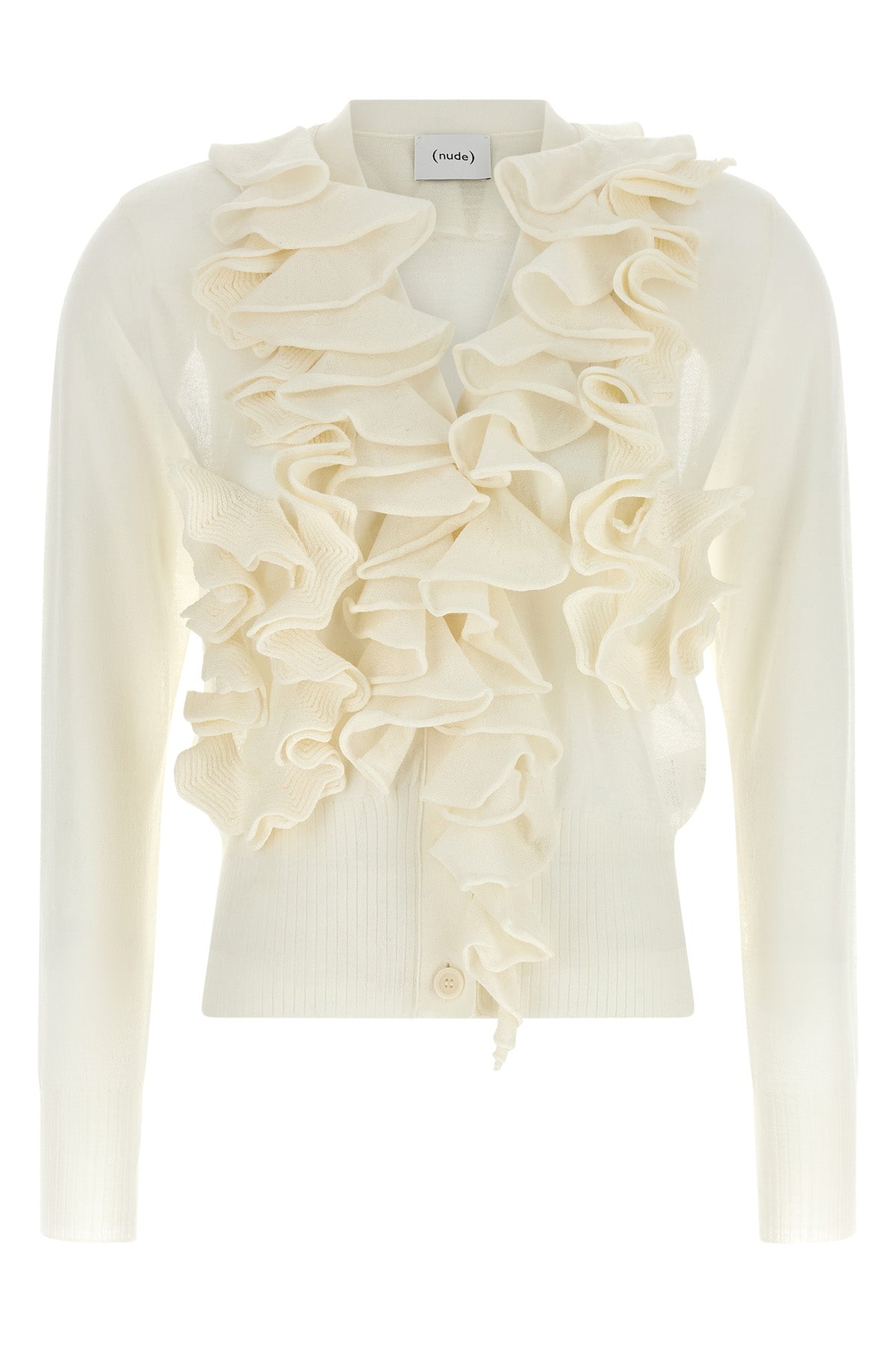 the nude cardigan is distinguished by a fine knit construction