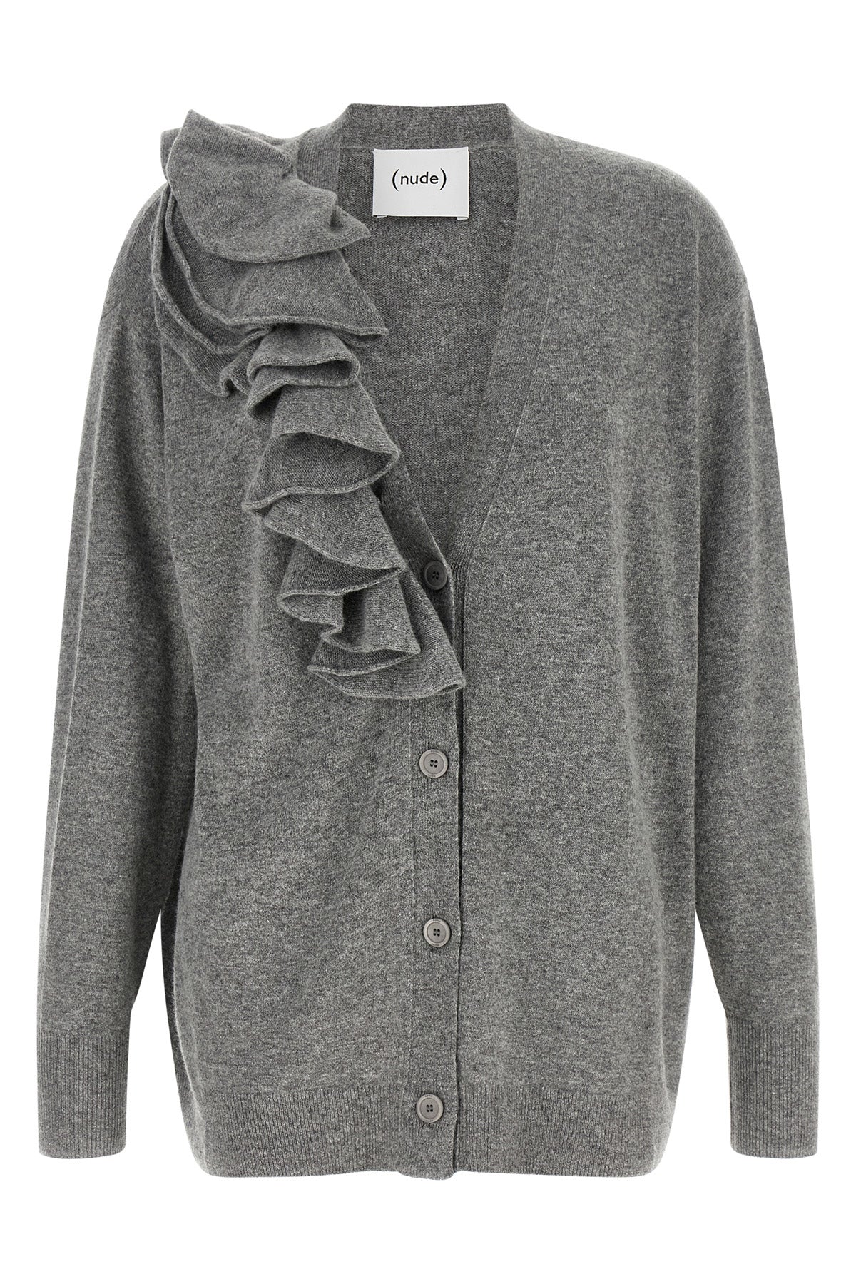the nude cardigan in a fine grey wool and cashmere blend is distinguished by an