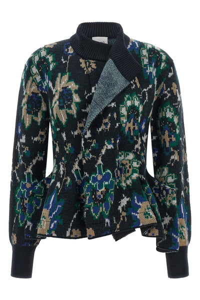the jacquard knit nude cardigan is distinguished by a sartorial construction