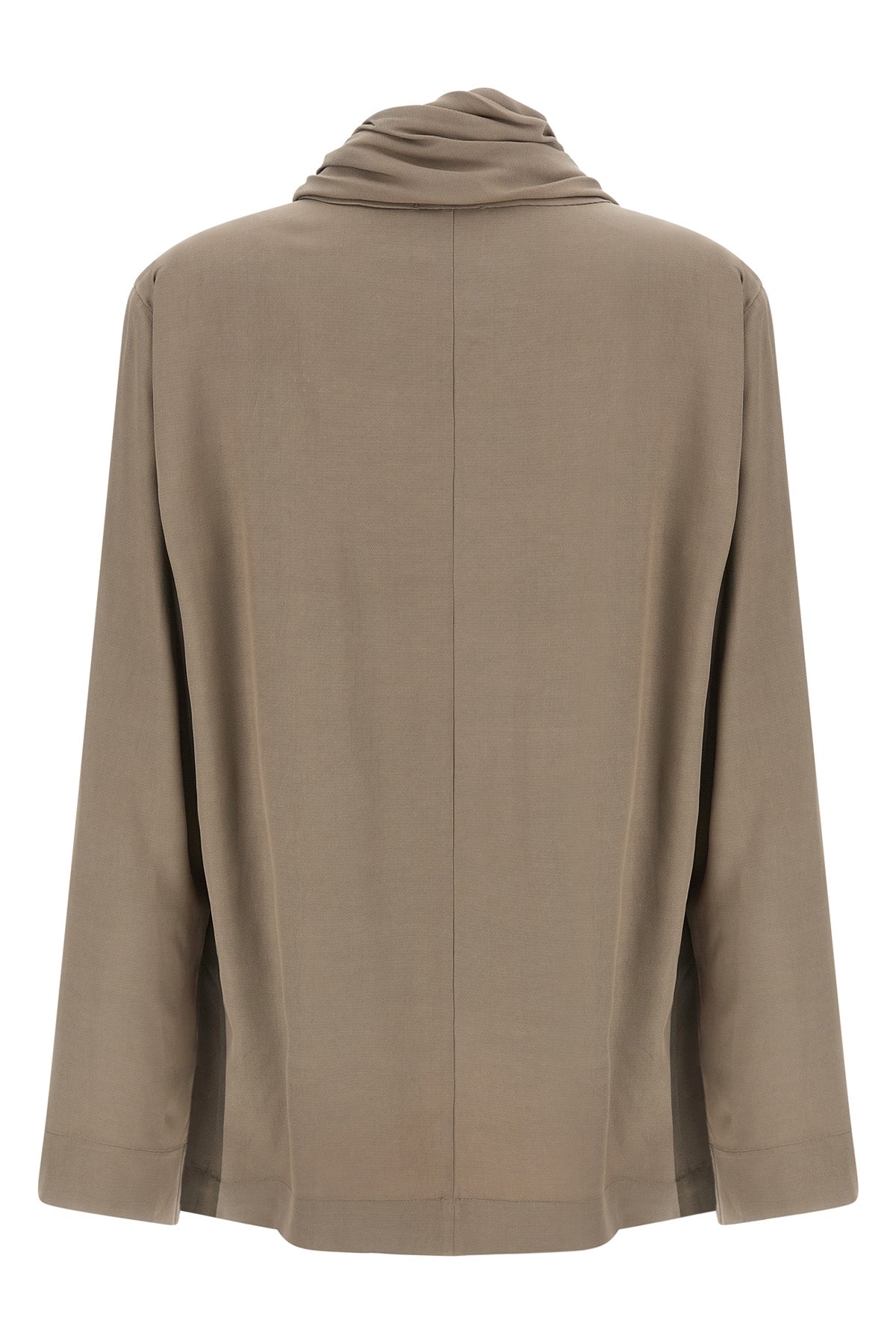 the nude blouse is distinguished by a fluid silhouette and an asymmetrical desig