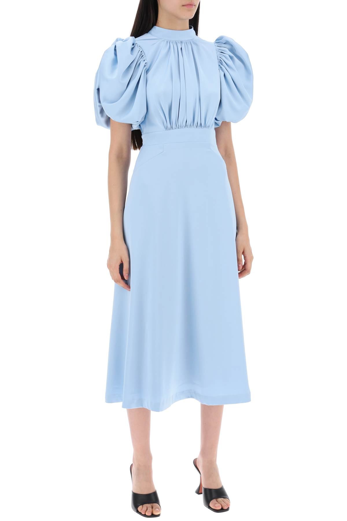 midi satin dress with balloon sleeves