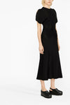 gathered waist midi dress in fluid cady fabric tightened at the waist