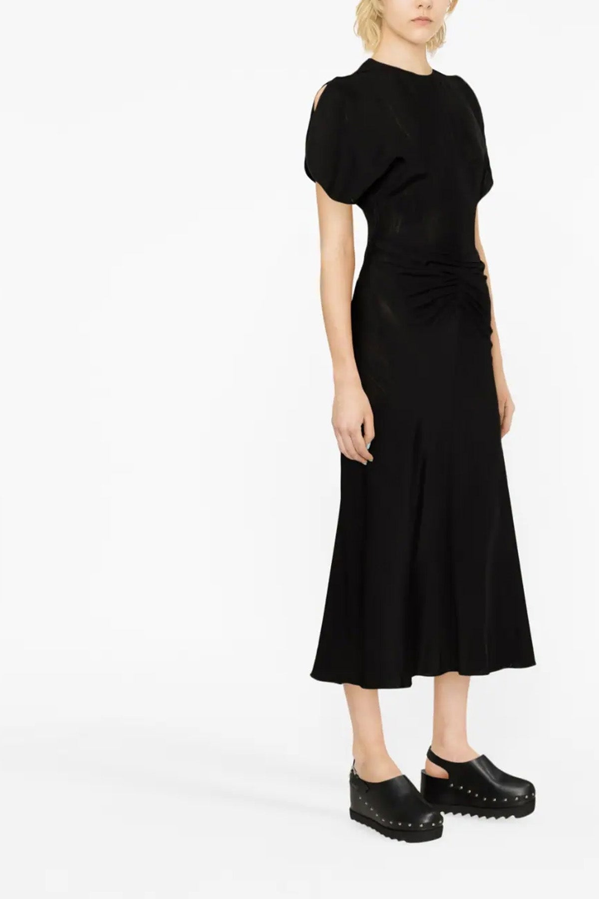 gathered waist midi dress in fluid cady fabric tightened at the waist