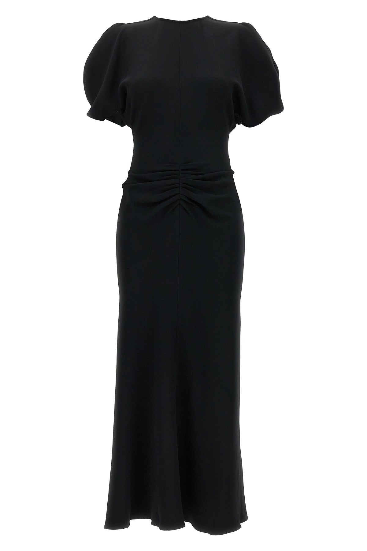 gathered waist midi dress in fluid cady fabric tightened at the waist