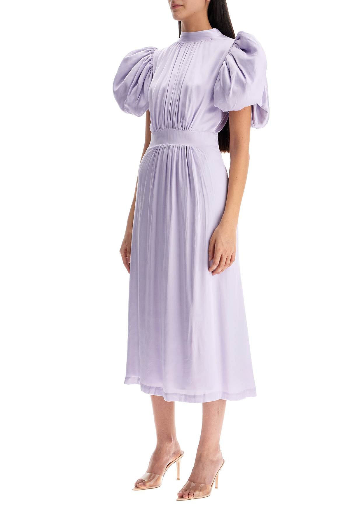 midi satin dress with puff sleeves