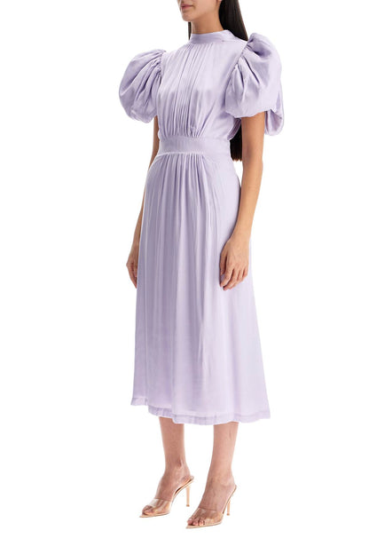 midi satin dress with puff sleeves