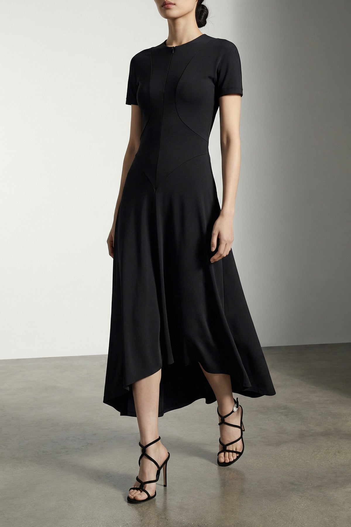 zipped front midi dress in stretch fabric