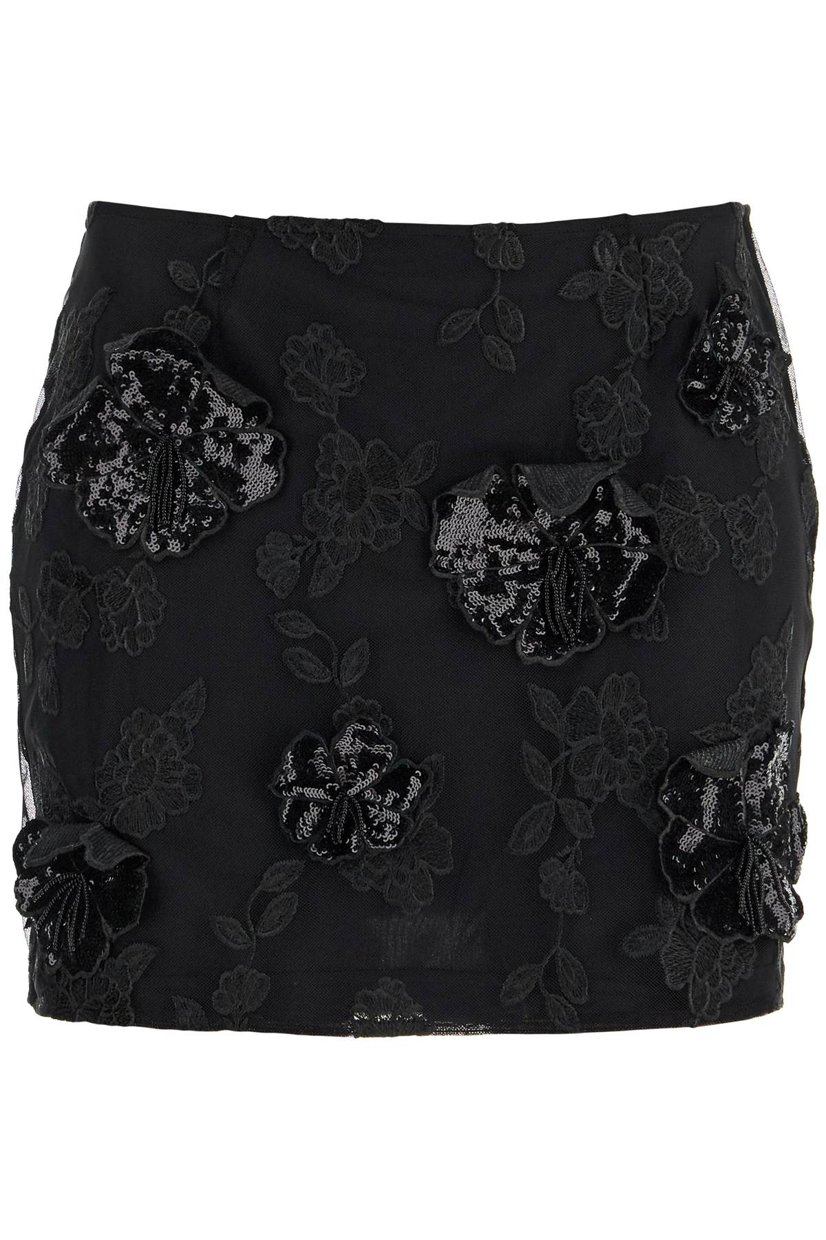 mini skirt in recycled black polyester mesh with floral pattern