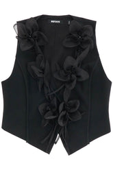 black vest in recycled fabric with flowers without sleeves