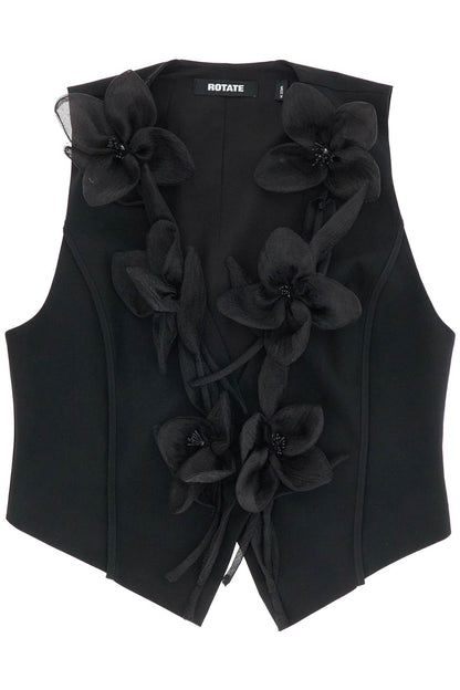 black vest in recycled fabric with flowers without sleeves