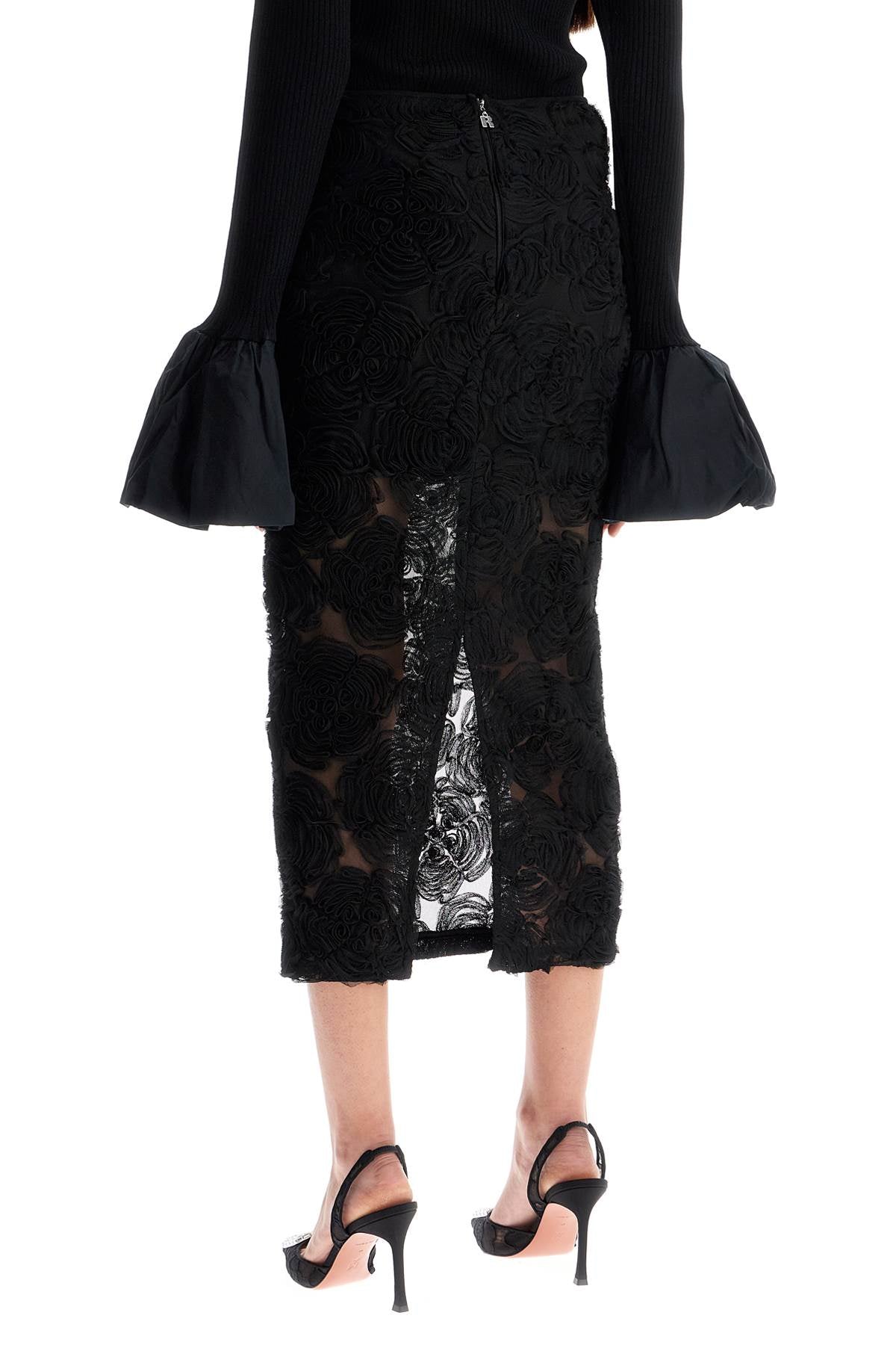 black recycled polyester floral mesh pencil skirt