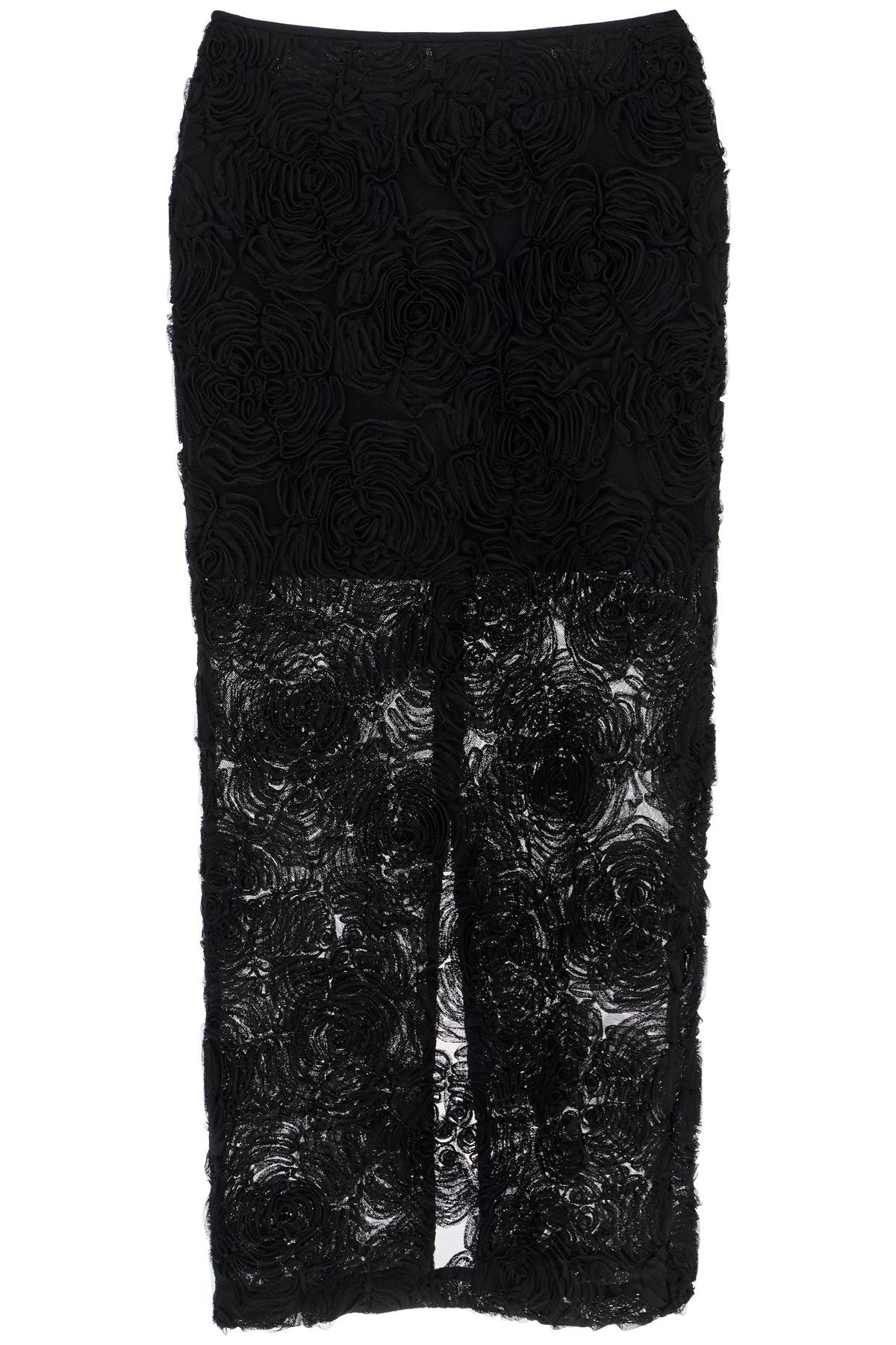 black recycled polyester floral mesh pencil skirt