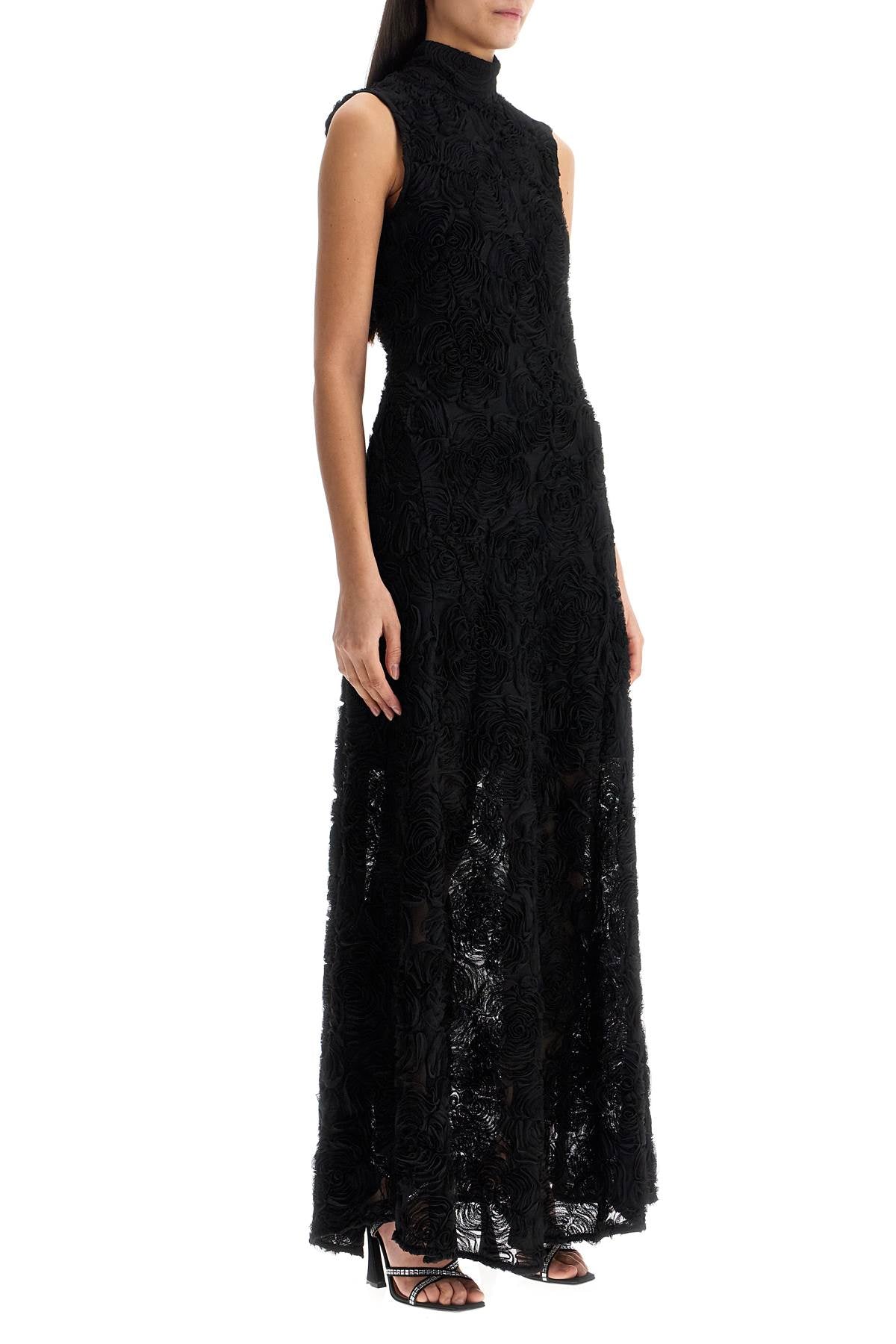 black maxi dress in recycled polyester floral mesh