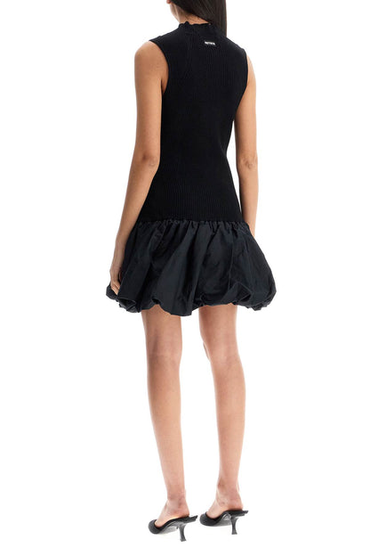 black knit racer cut dress with high neck and flared skirt