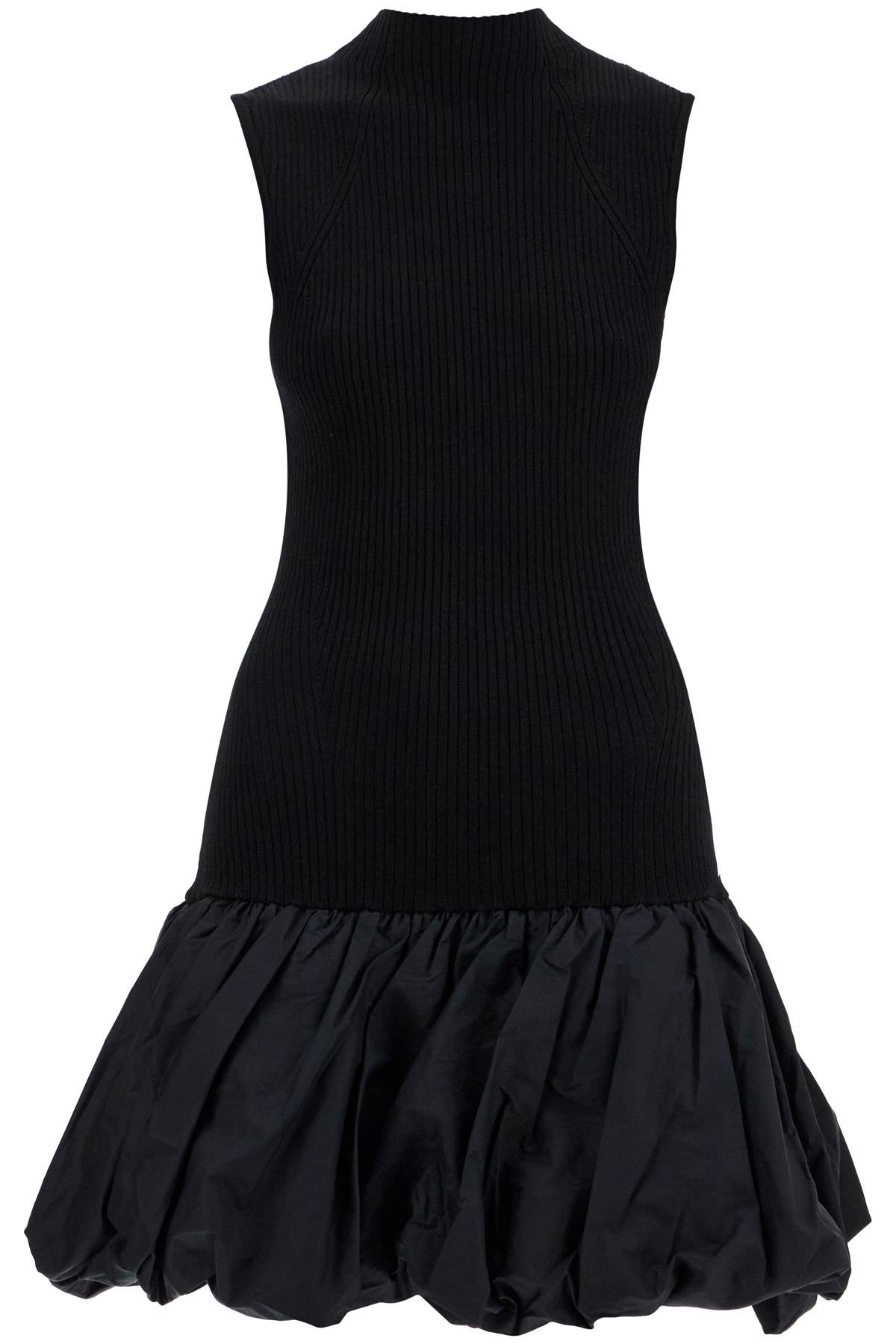 black knit racer cut dress with high neck and flared skirt