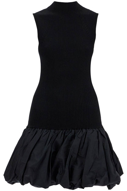 black knit racer cut dress with high neck and flared skirt