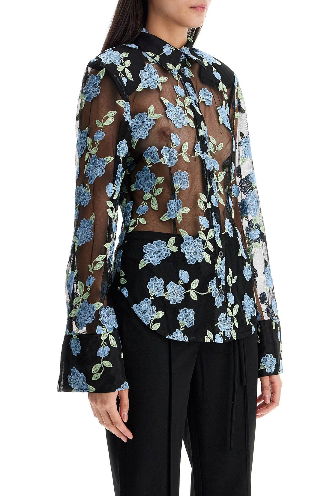 black mesh shirt with floral embroidery