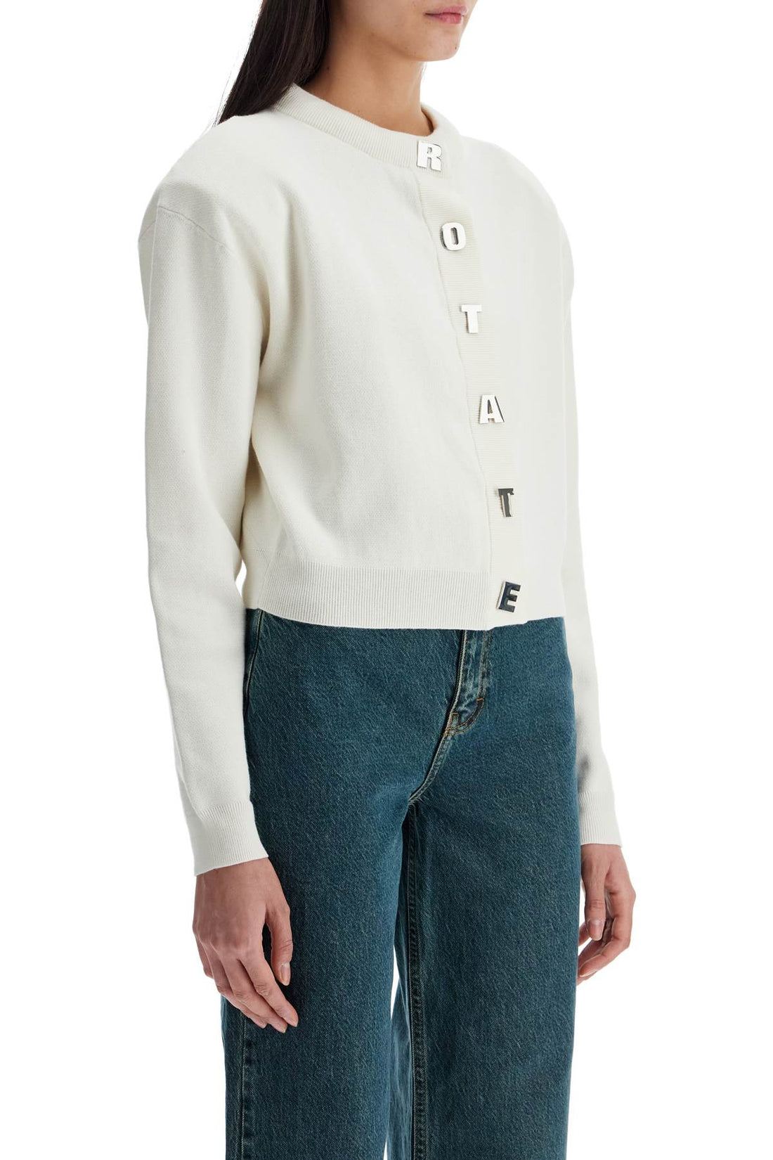 ivory white short cotton cardigan with crew neck