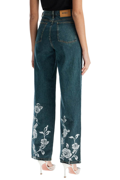 jeans in denim steel blue with floral details