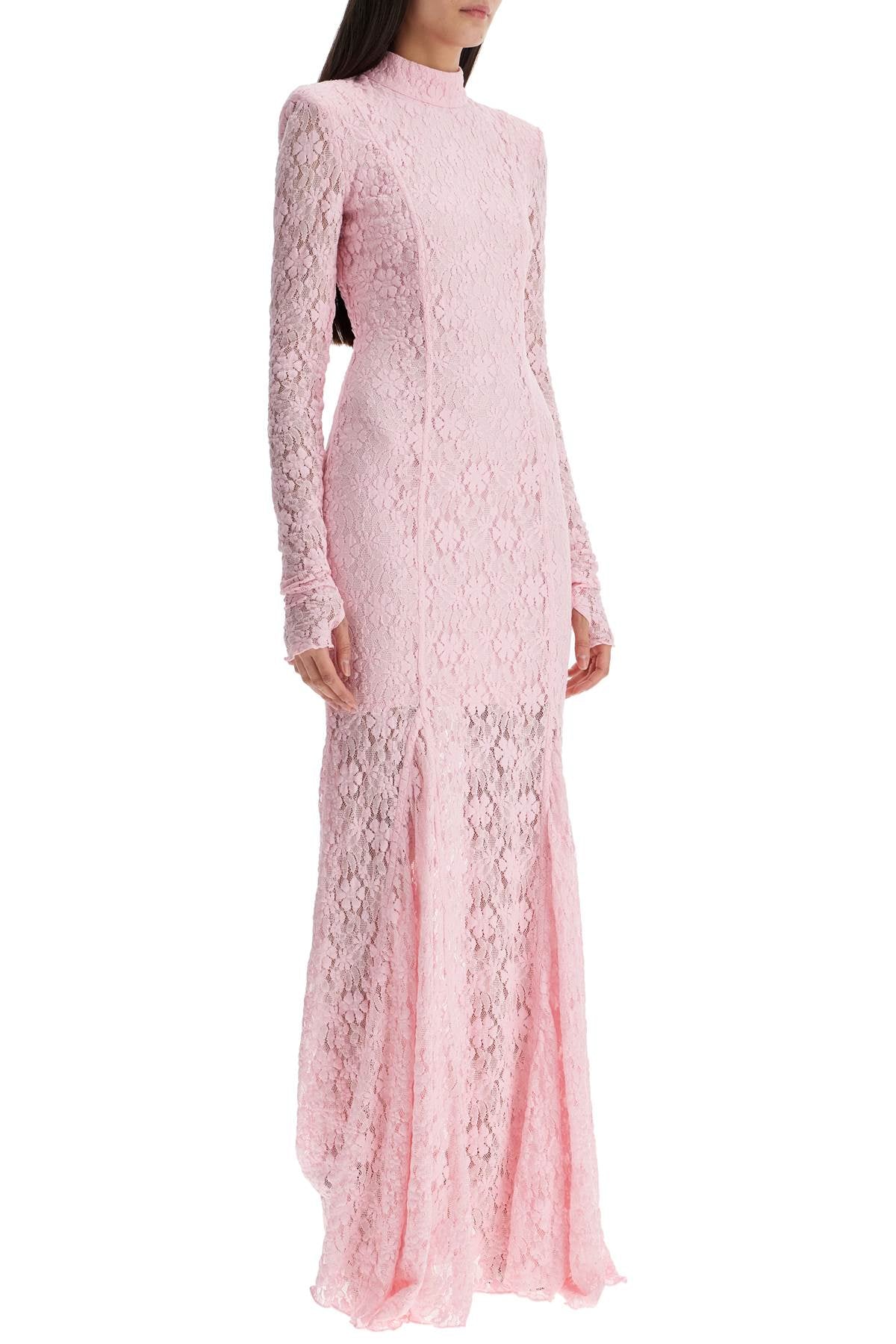 long pink lace dress with open back for special occasions