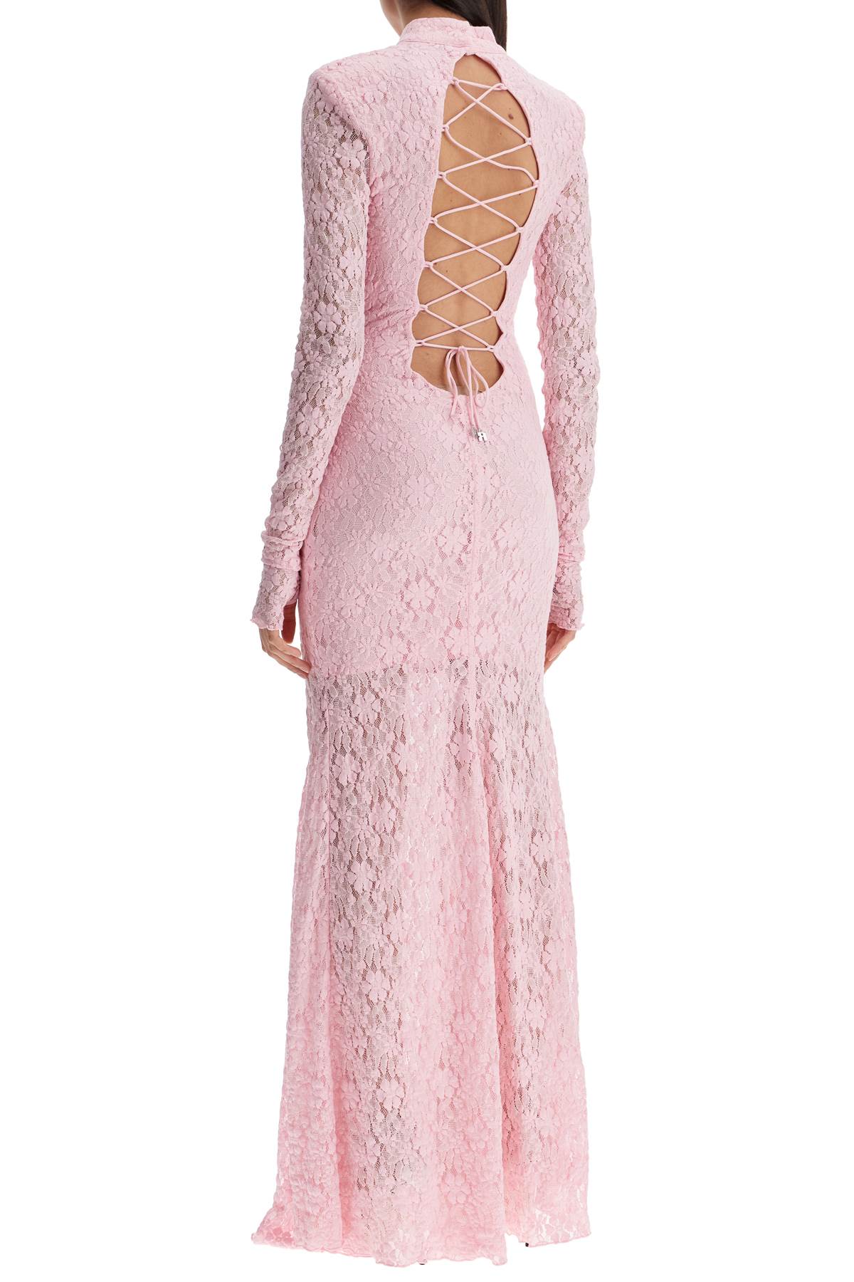 long pink lace dress with open back for special occasions