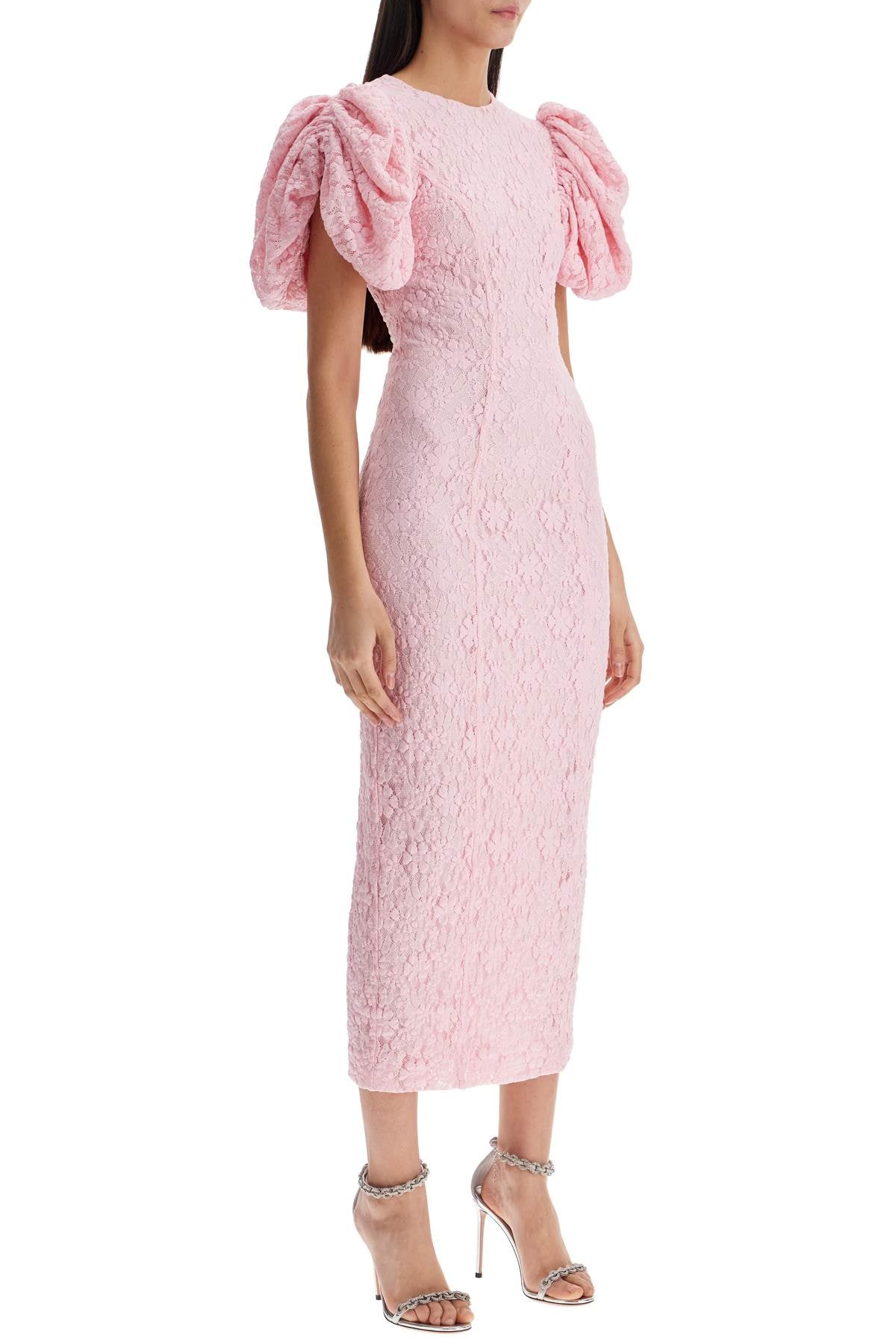 pink floral midi dress with puff sleeves in mixed materials