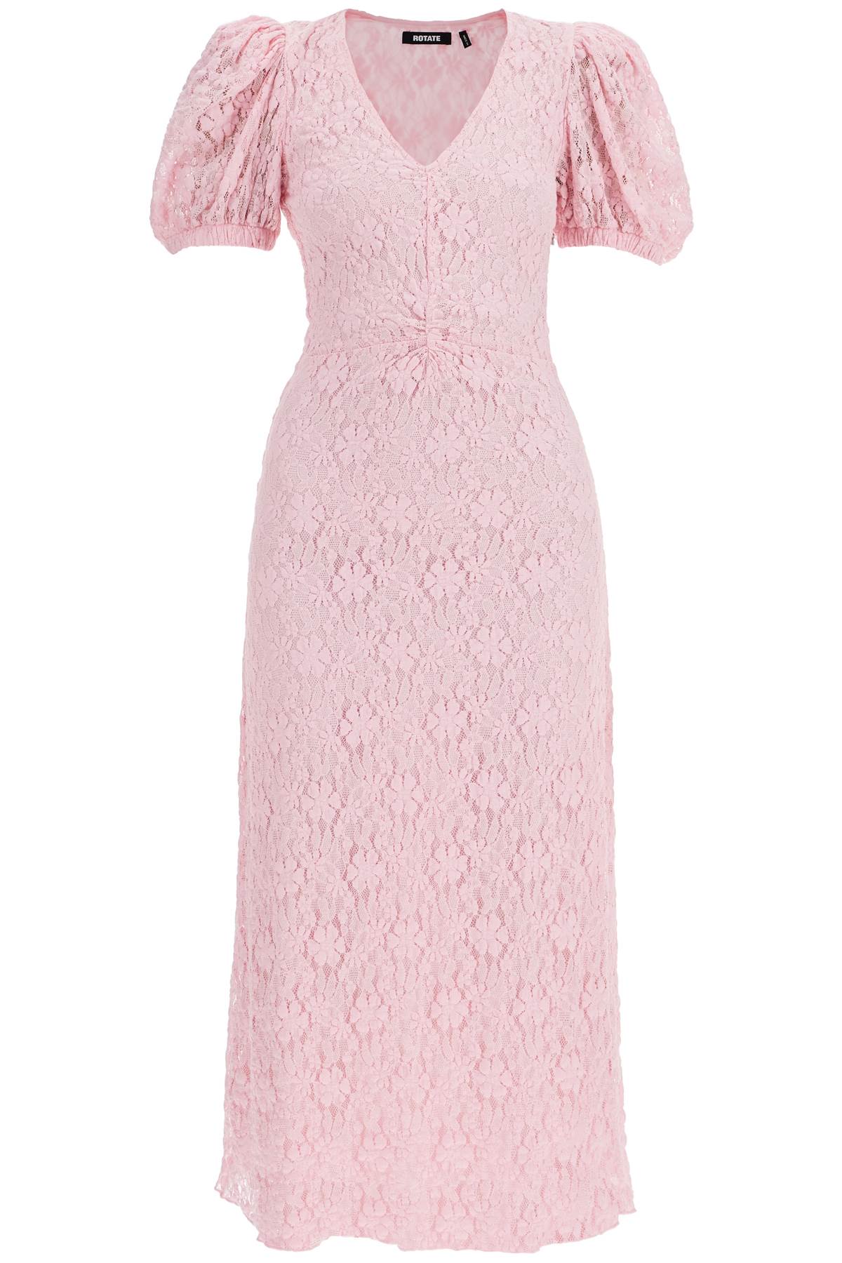 pink lace midi dress with puff sleeves