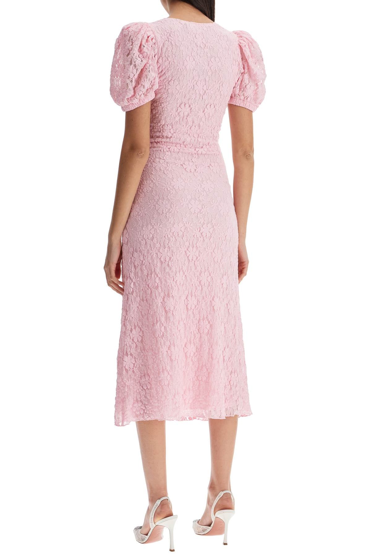 pink lace midi dress with puff sleeves