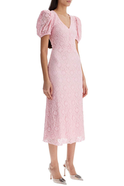 pink lace midi dress with puff sleeves