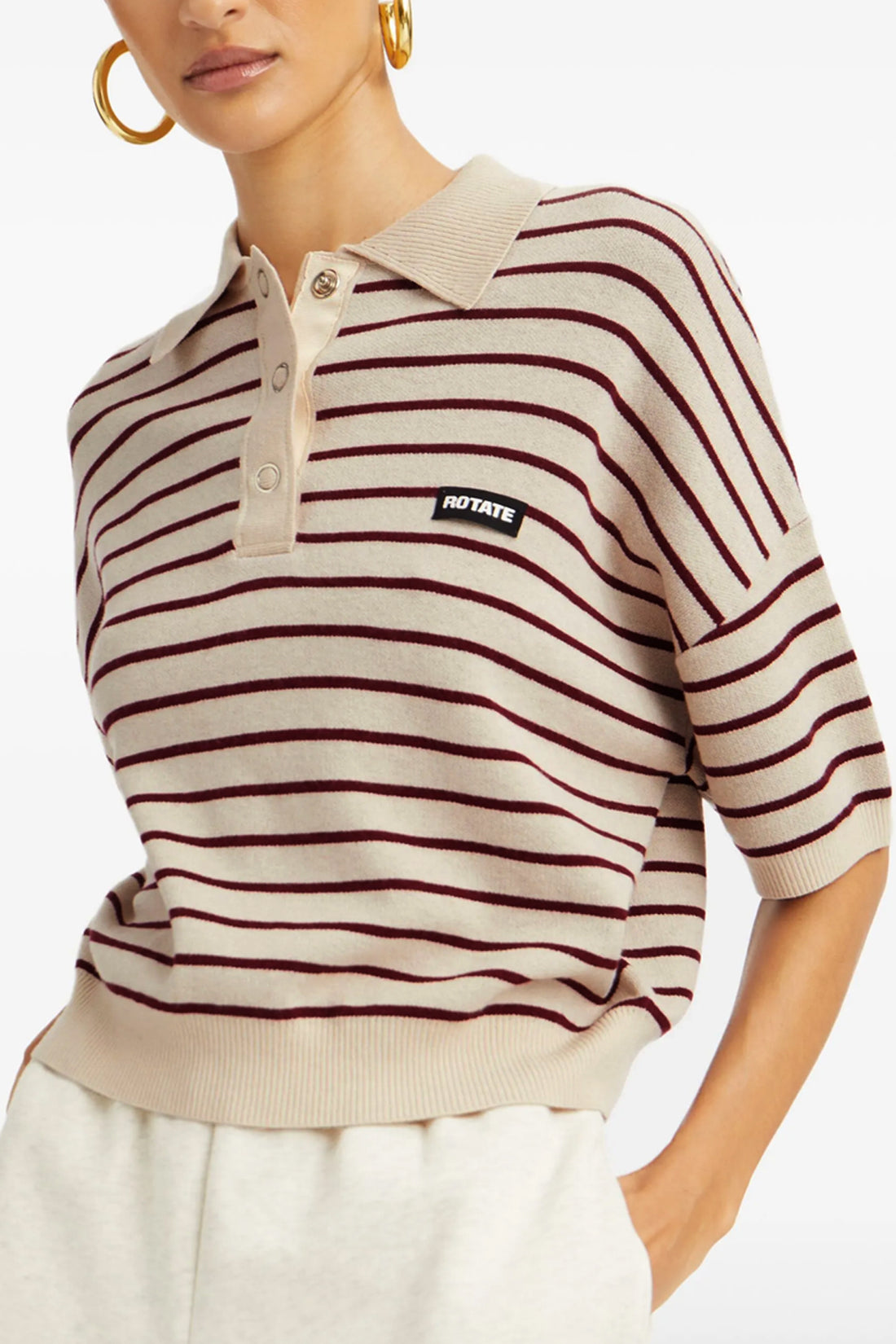 ROTATE BIRGER CHRISTENSEN M slinky knit polo shirt in striped stretch merino wool blend