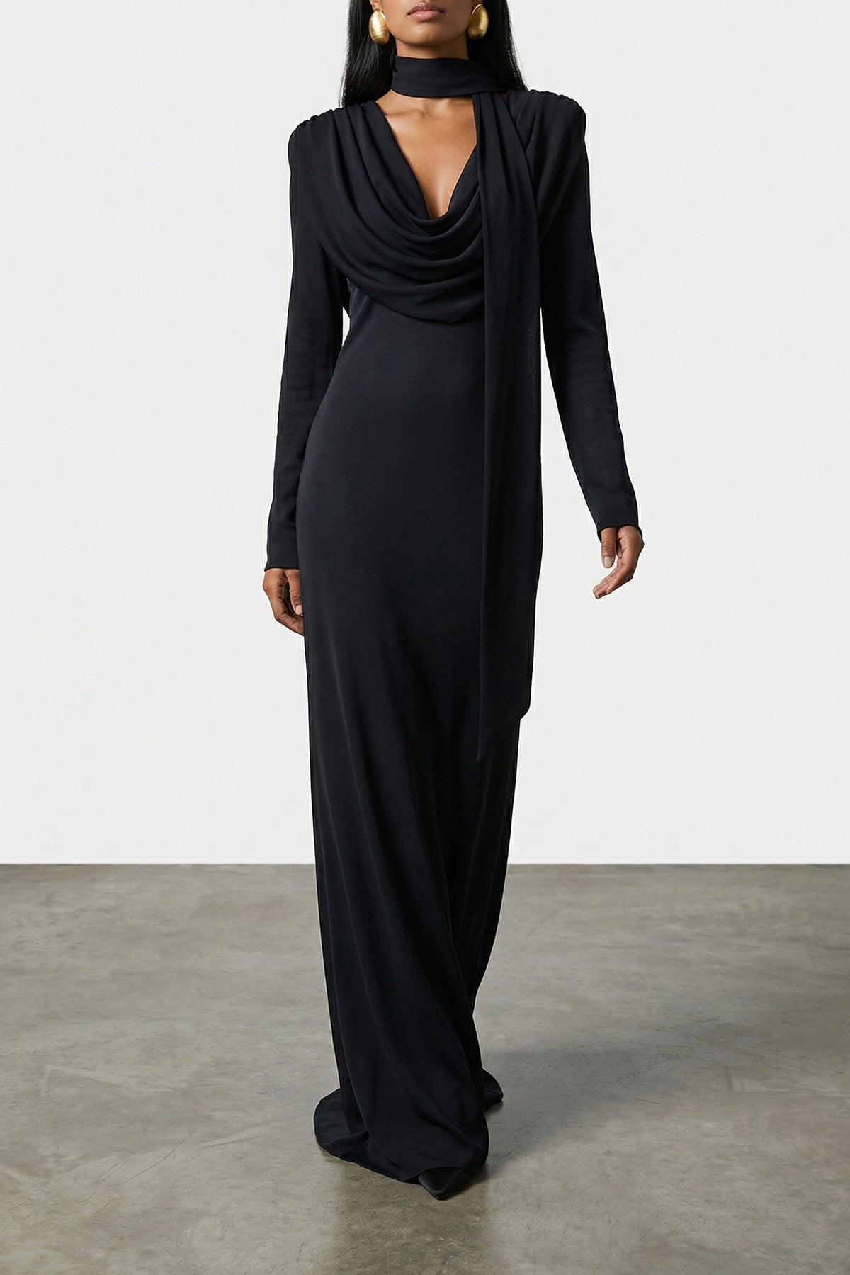 long satin maxi drapy dress in silk-effect fabric