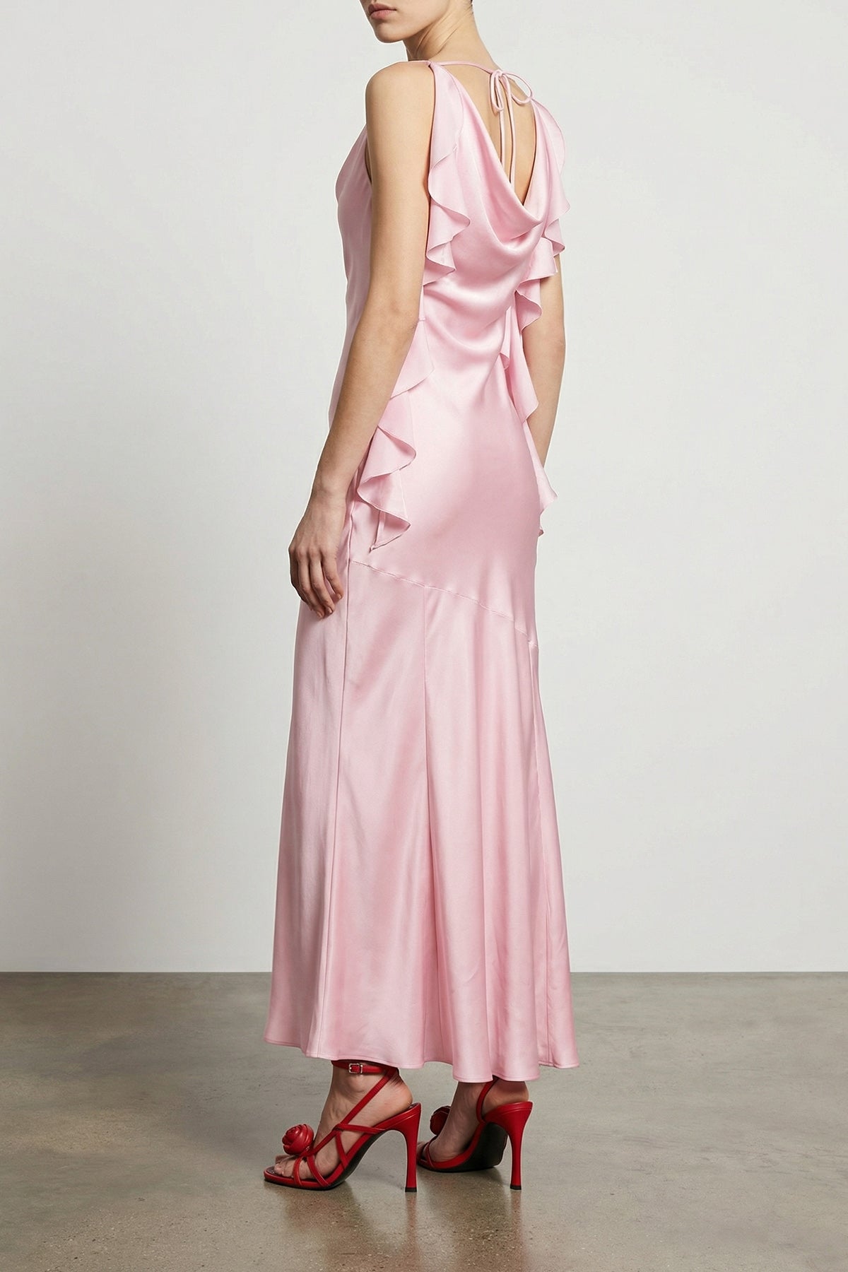 Rotate Birger Christensen Long Maxi Waterfall Sleeveless Dress In  Silk-effect Fabric