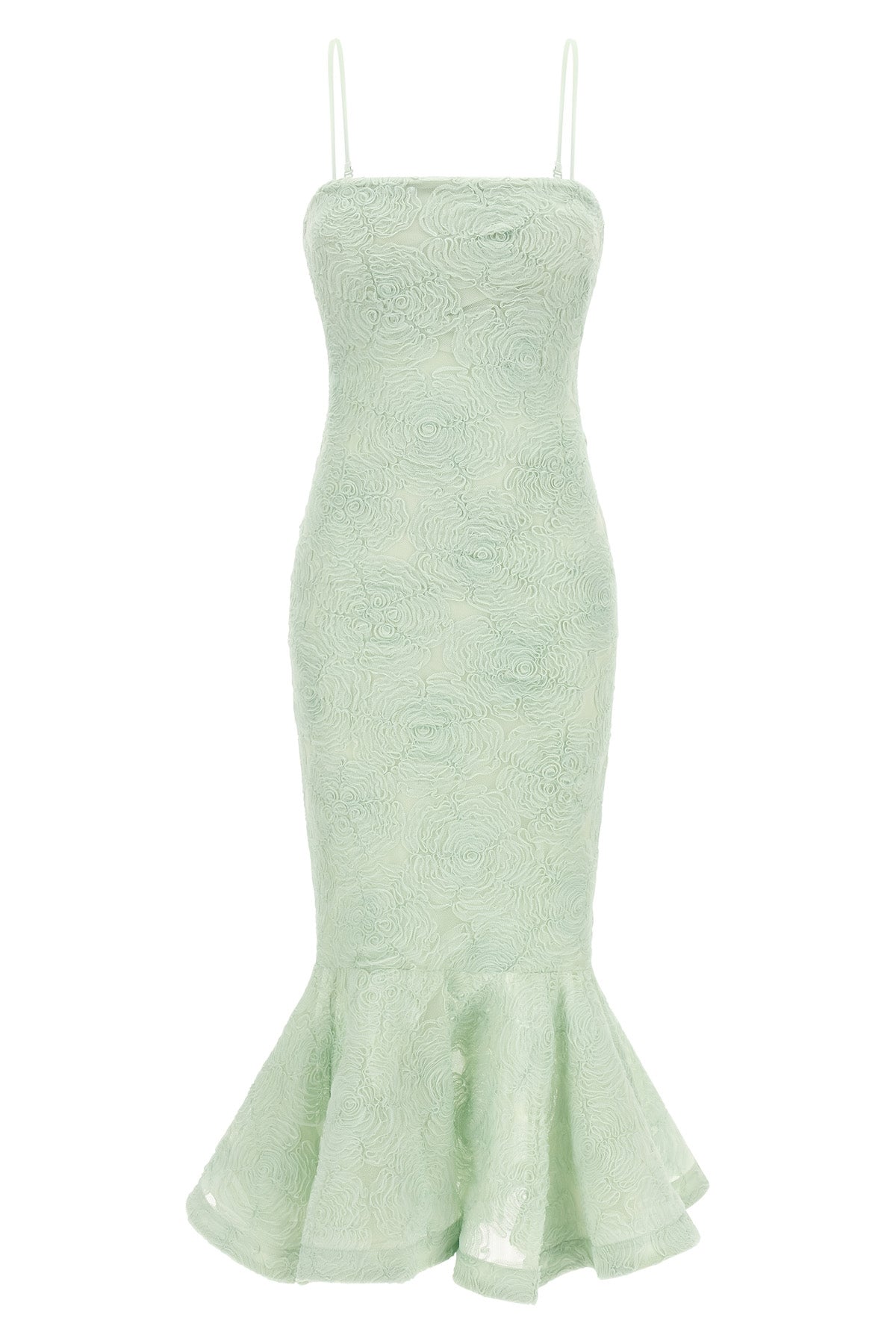 flower mesh flounce semi-transparent mesh midi dress