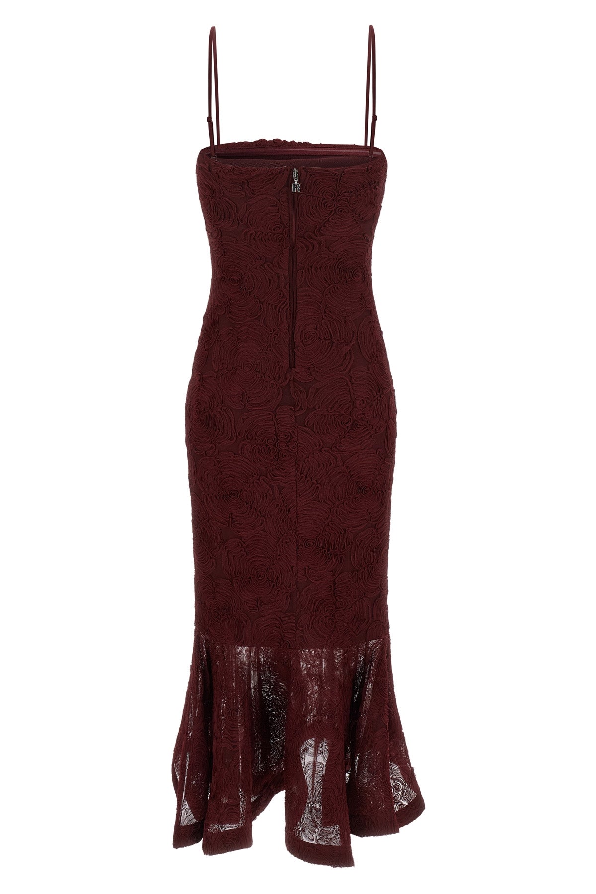 flower mesh flounce semi-transparent mesh midi dress