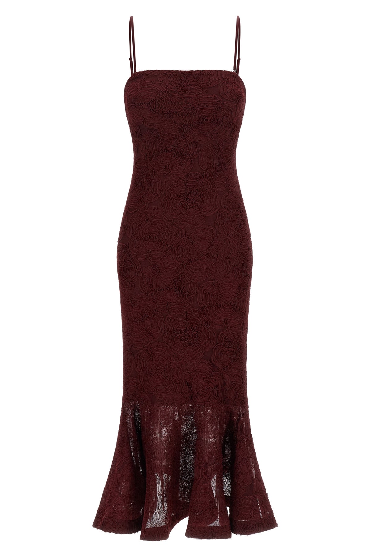 flower mesh flounce semi-transparent mesh midi dress