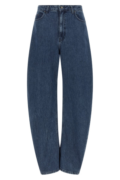 draped barrel leg cotton denim jeans