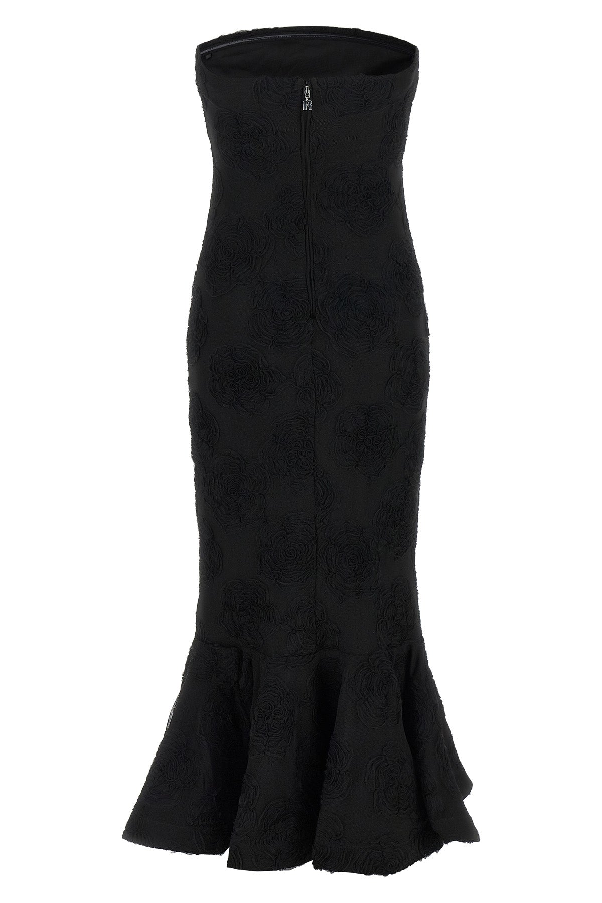 birger christensens flower mesh flounce dress rotate defines a mermaid silhou