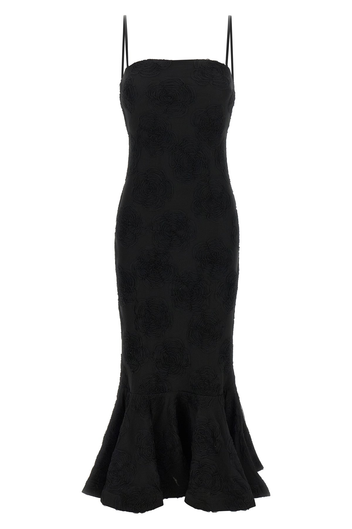 birger christensens flower mesh flounce dress rotate defines a mermaid silhou