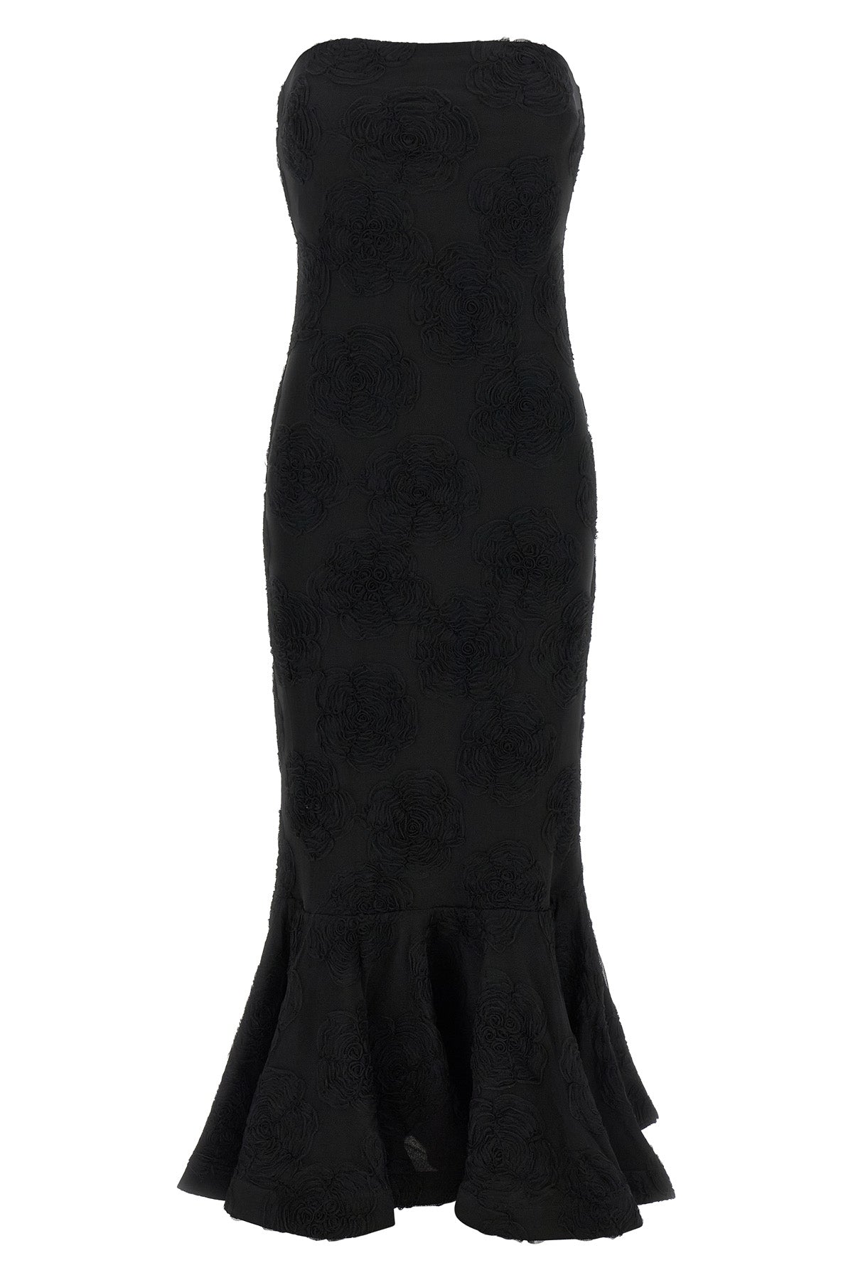 birger christensens flower mesh flounce dress rotate defines a mermaid silhou