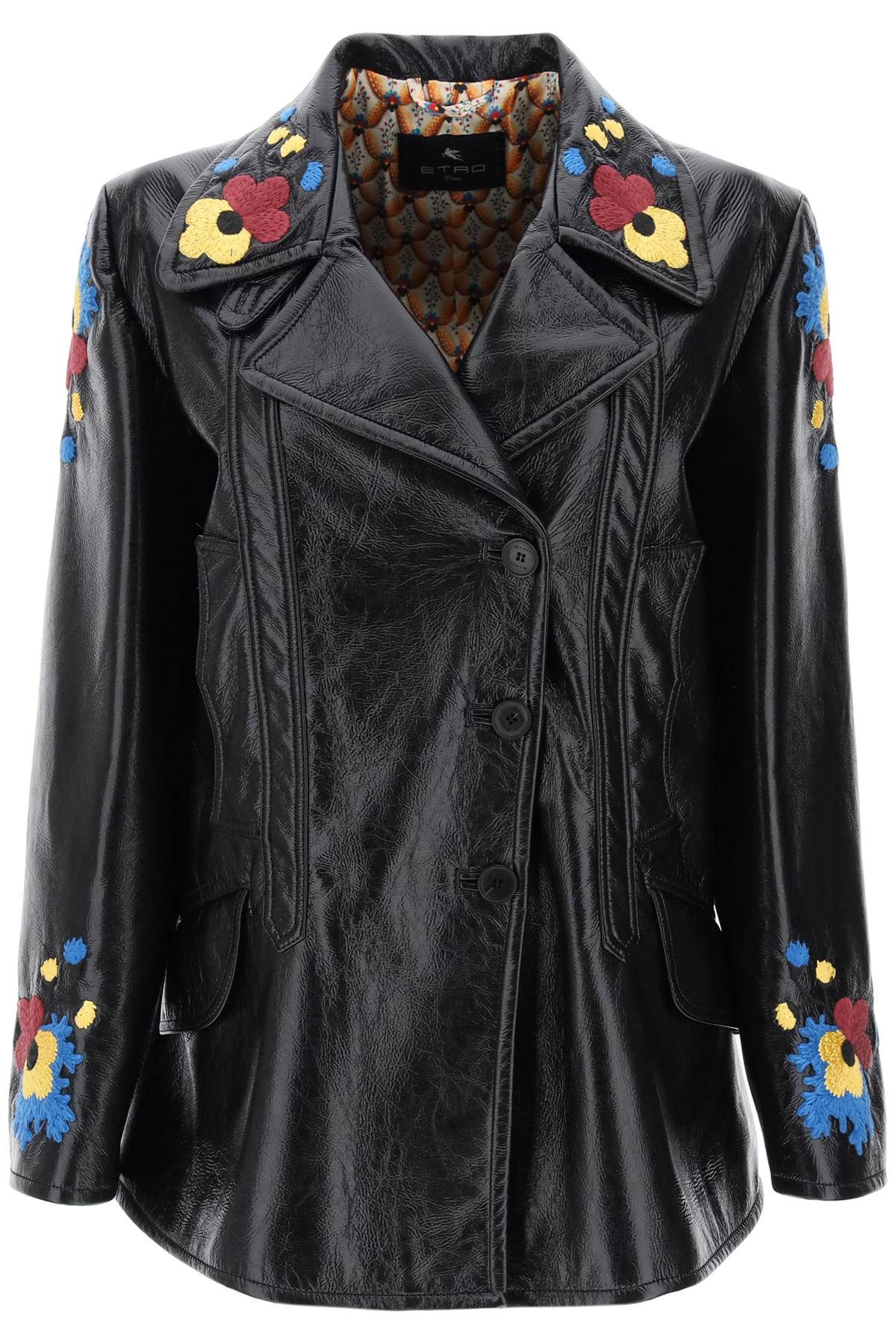 jacket in patent faux leather with floral embroideries