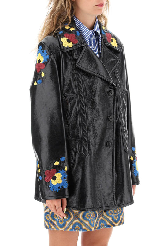 jacket in patent faux leather with floral embroideries