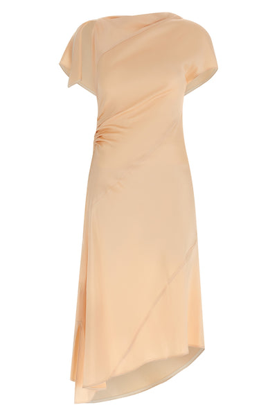 asymmetric twist midi dress in fluid crêpe satin