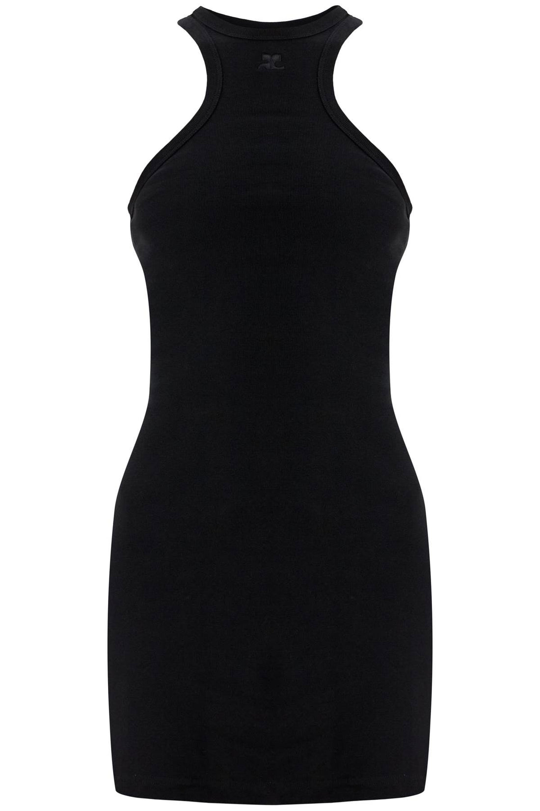 black cotton mini dress with high neck and sleeveless design