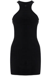 black cotton mini dress with high neck and sleeveless design