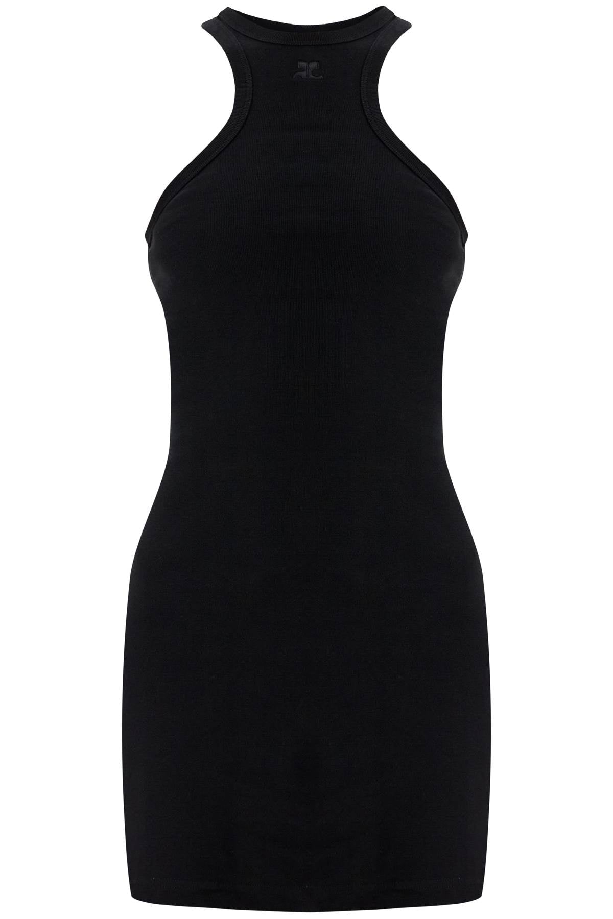 black cotton mini dress with high neck and sleeveless design